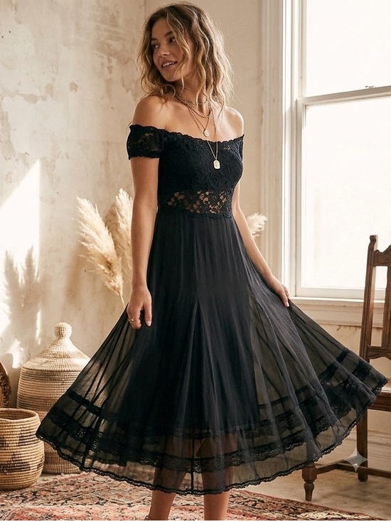 Free People Dresses & Skirts - Free People Black Lace Chiffon 90s Off Shoulder Midi Dress Whimsigoth Fairy S